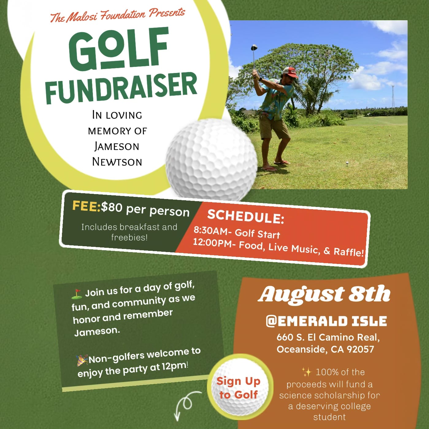 Malosi Foundation Golf Fundraiser, August 8 at Emerald Isle, Oceanside